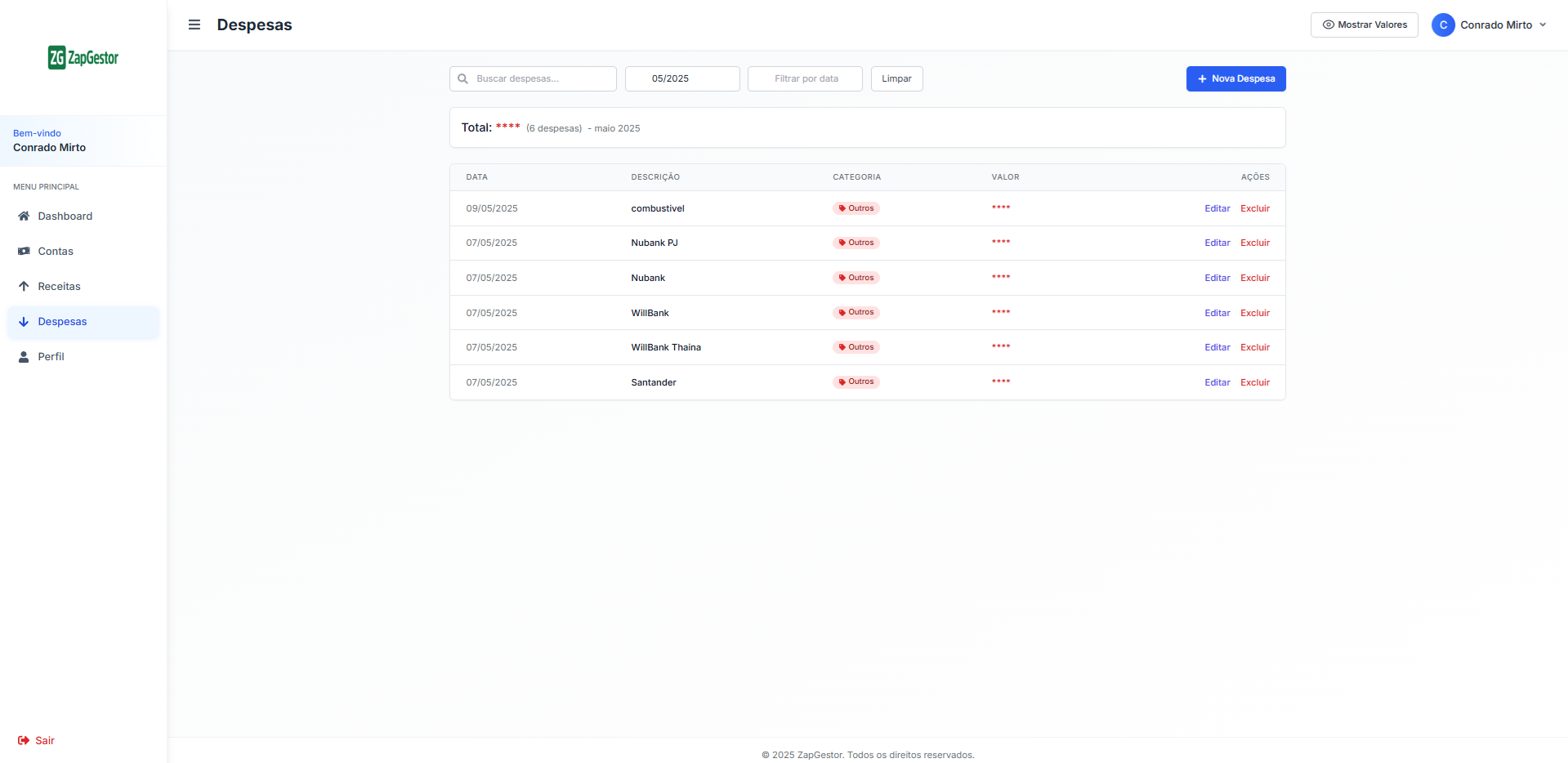 Dashboard ZapGestor - Configurações